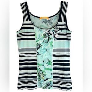 CRISCA Escada LADIES SHIRT MEDIUM GREEN TURQUOISE BLACK WHITE STUDDED BEADED